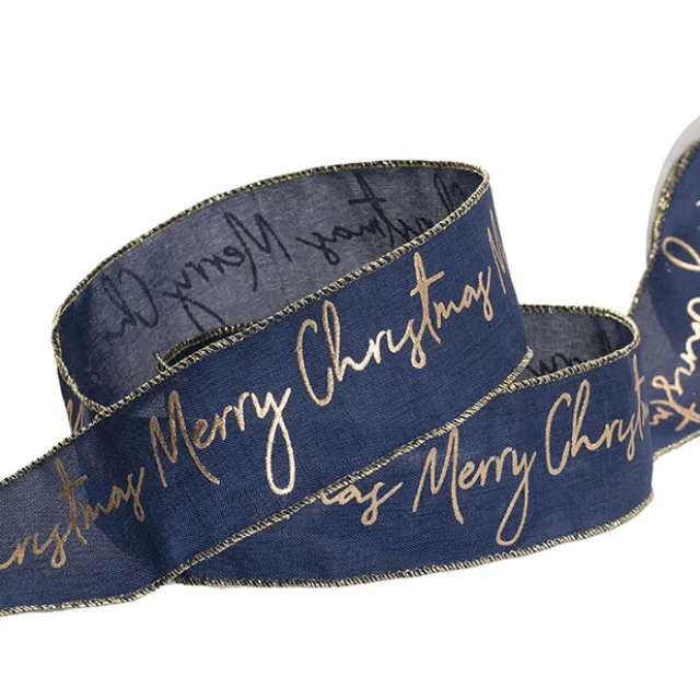 Ribbon Linen Wire Edge Gold Merry Christmas Navy (60mmx20m)