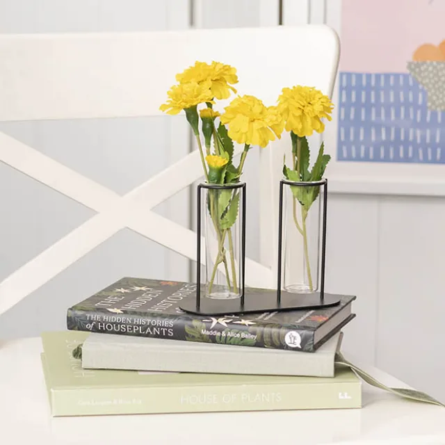 Glass Two Tube Vase Metal Frame Black Small (15.6Dx11cmH)