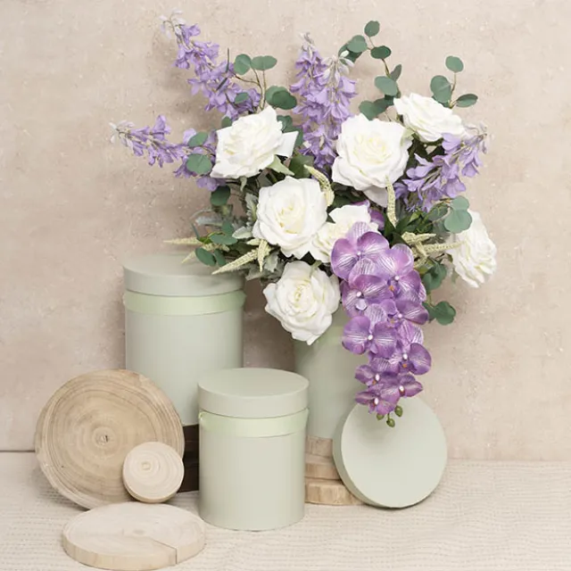 Flower Hat Box Tall Round Sage Green Set 3 (24.5Dx30cmH)