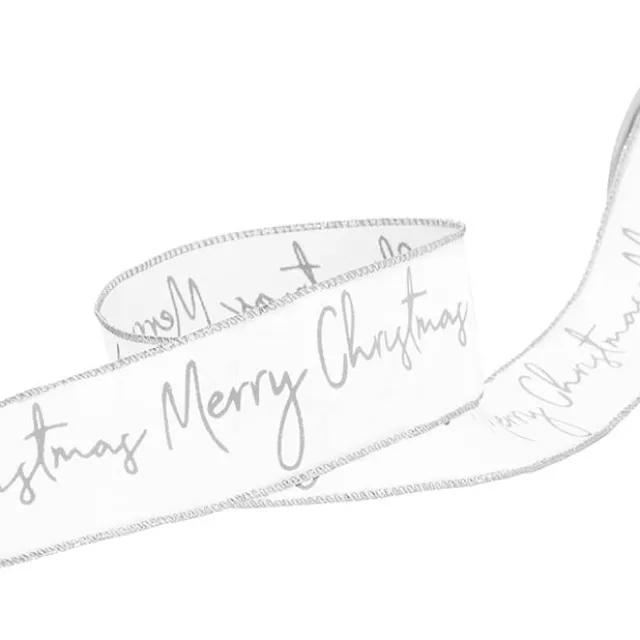 Ribbon Linen Wire Edge Silver Merry Xmas White (60mmx20m)