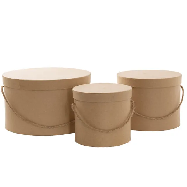 Flower Hat Box Grande Round Kraft Brown Set 3 (25Dx15cmH)