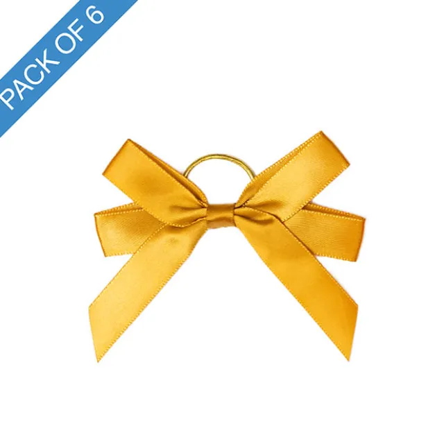 Pre-Made Bow Satin 15mm & Elastic Loop Pk6 Gold (10*8cm)