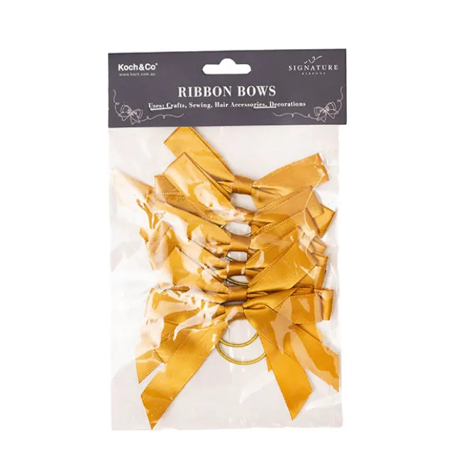 Pre-Made Bow Satin 15mm & Elastic Loop Pk6 Gold (10*8cm)