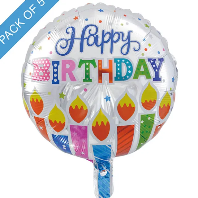 Foil Balloon 18" (45cmD) Pack5 Round Happy Birthday Candles