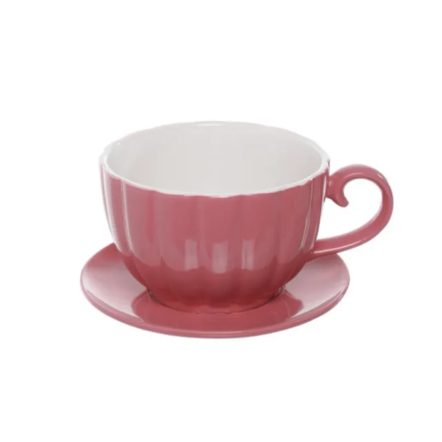 Ceramic Tea Cup Pot Saucer Drainage Hole Pink (15TDx10cmH)