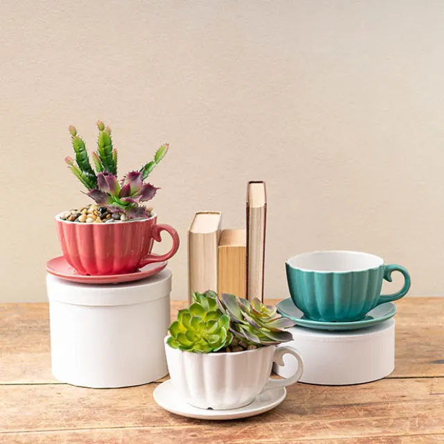 Ceramic Tea Cup Pot Saucer Drainage Hole Pink (15TDx10cmH)