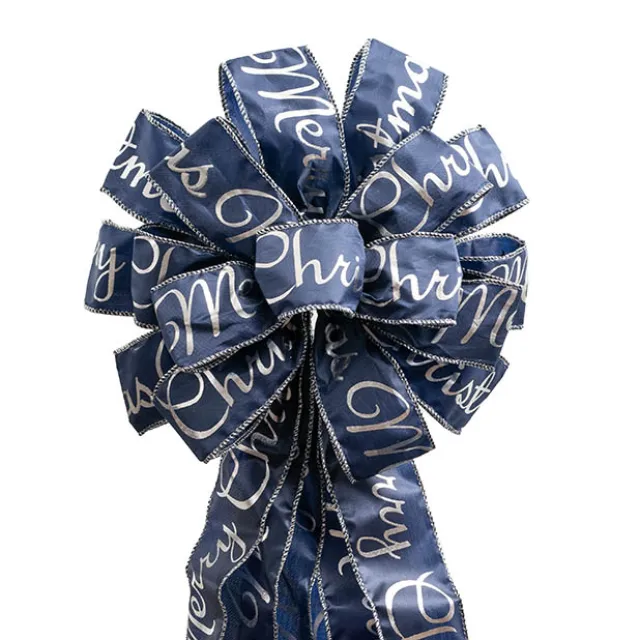 Pre-Made Bow Luxury Tree Topper Navy & Silver (33Wx113Lcm)