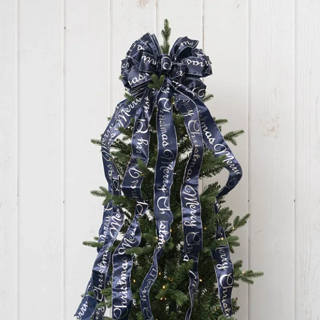 Pre-Made Bow Luxury Tree Topper Navy & Silver (33Wx113Lcm)