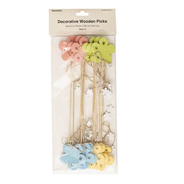 Pick Wooden Flowers Assorted Pack 12 (7cmx28cmH)