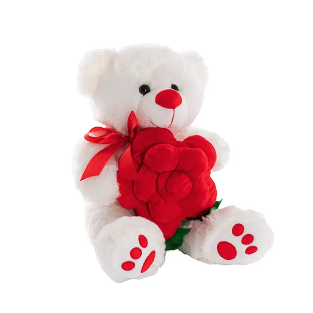Teddy Bear Kev w Red Bow & Rose Plush Toy White (30cmST)