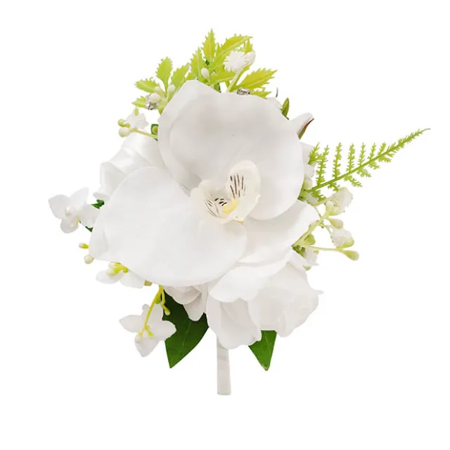 Real Touch Orchid & Rose Boutonniere in Box White (13cmH)