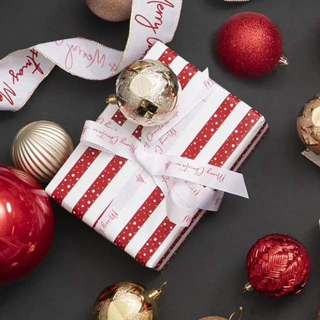 Wrapping Paper Roll Xmas Stripes Gloss White Red (50cmx50m)