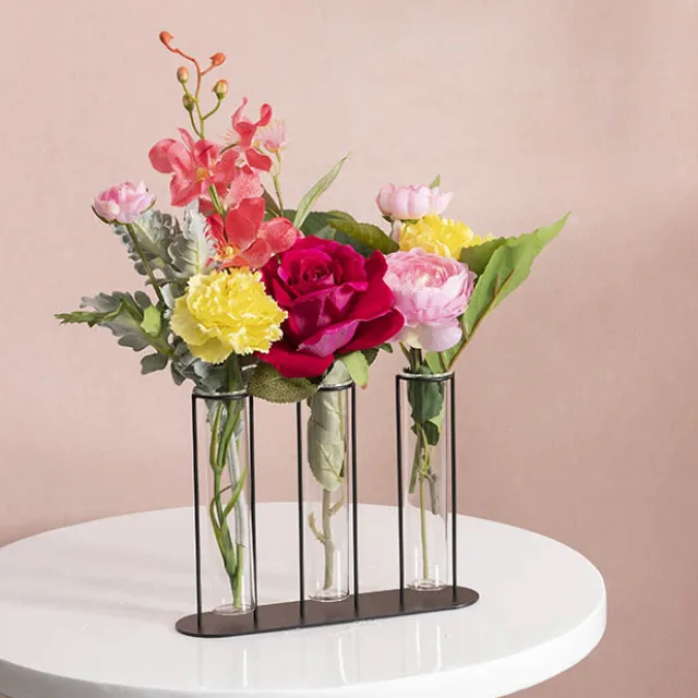 Glass Three Tube Bud Vase Metal Frame Black (23.6x17.5cmH)