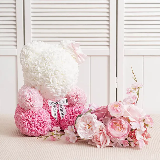 Amore Rose Bear Large w White Bow Gradation Pink (35cmH)