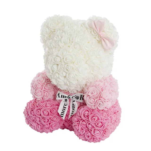 Amore Rose Bear Large w White Bow Gradation Pink (35cmH)