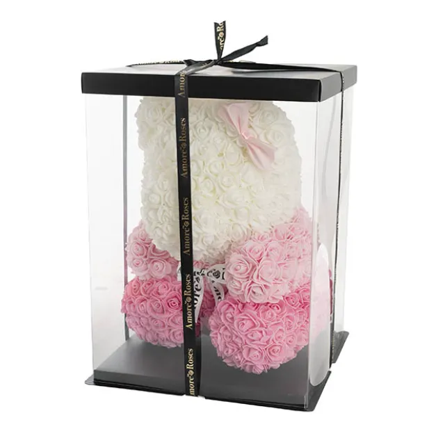 Amore Rose Bear Large w White Bow Gradation Pink (35cmH)