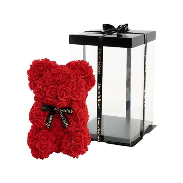 Amore Rose Bear w Black Bow Red (25cmH)