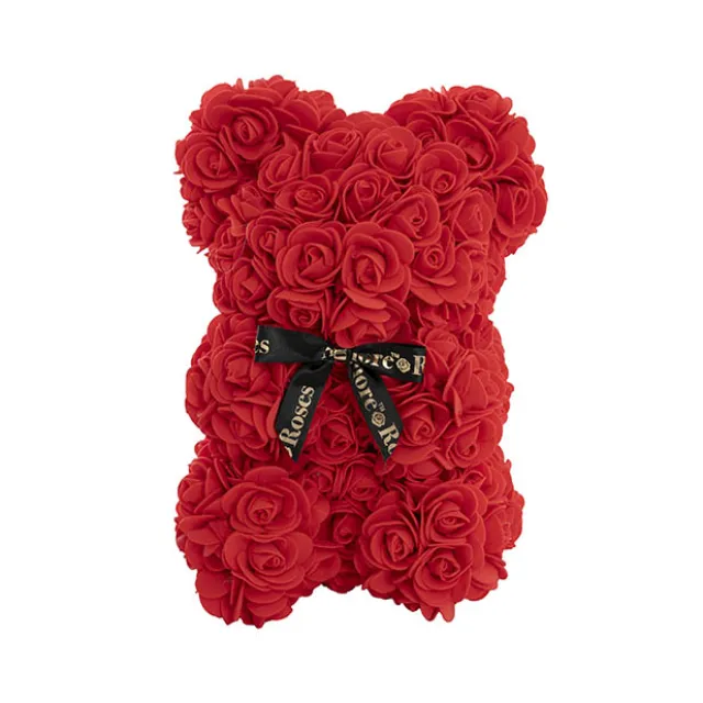 Amore Rose Bear w Black Bow Red (25cmH)