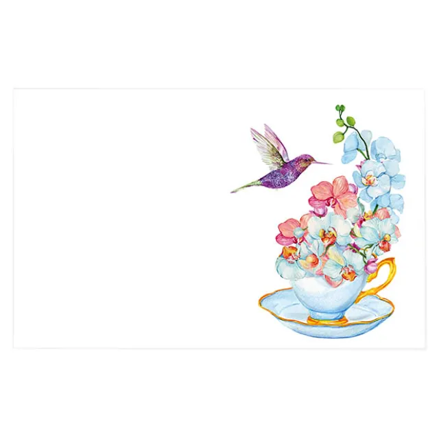 Cards White Hummingbird & TeaCup Flowers (10x6.5cmH) Pack 50