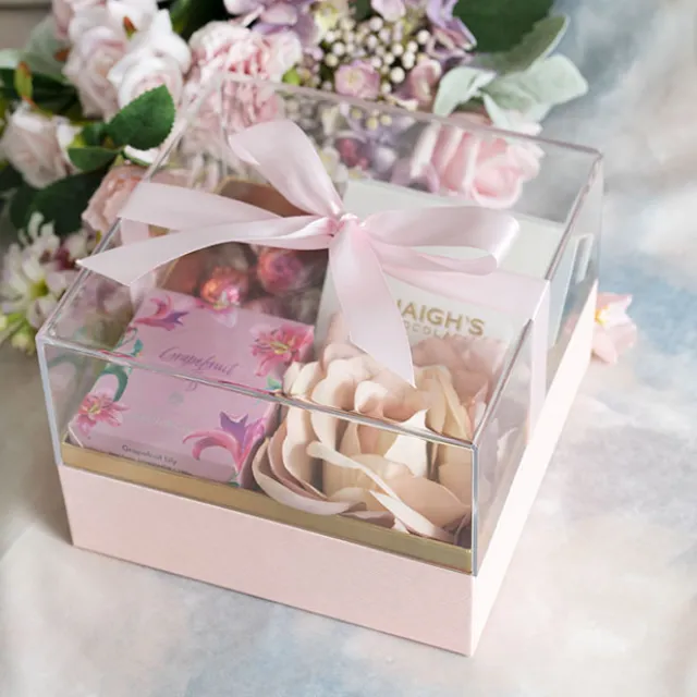 Luxe Gift Box Acrylic Lid and Ribbon Pink Gold (20x20x13Hcm)