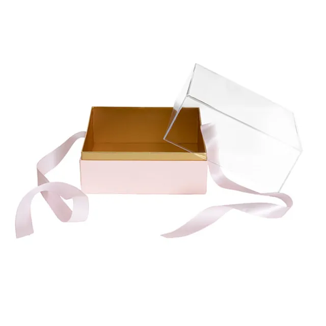 Luxe Gift Box Acrylic Lid and Ribbon Pink Gold (20x20x13Hcm)