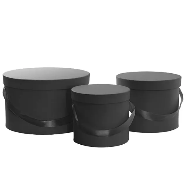 Flower Hat Box Grande Round Black Set 3 (25Dx15cmH)