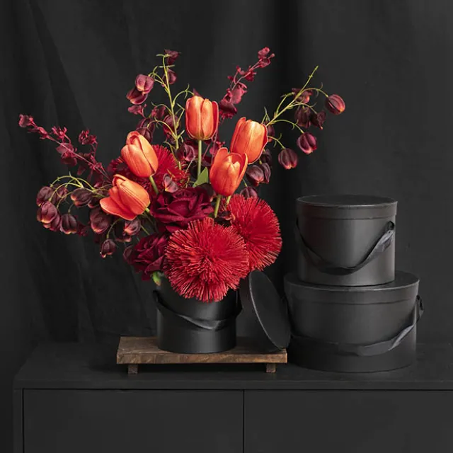 Flower Hat Box Grande Round Black Set 3 (25Dx15cmH)