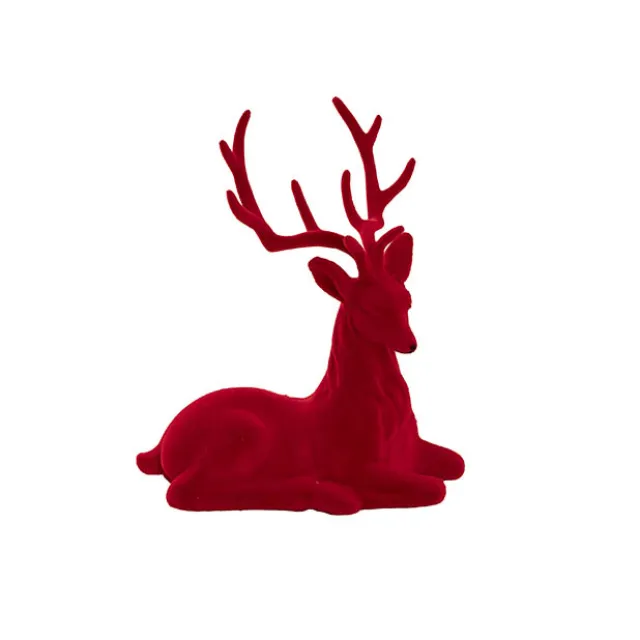 Sitting Flocked Reindeer Dark Red (18x25cmH)