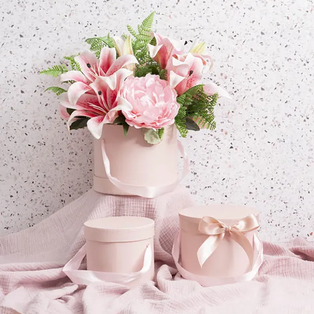 Flower Hat Box Petite Round Blush Pink Set 3 (17Dx13.5cmH)