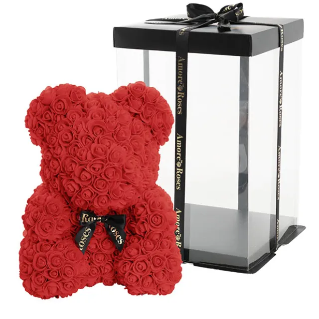 Amore Rose Bear Large w Black Bow Red (35cmH)