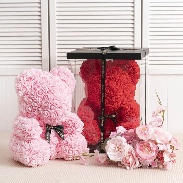 Amore Rose Bear Large w Black Bow Red (35cmH)