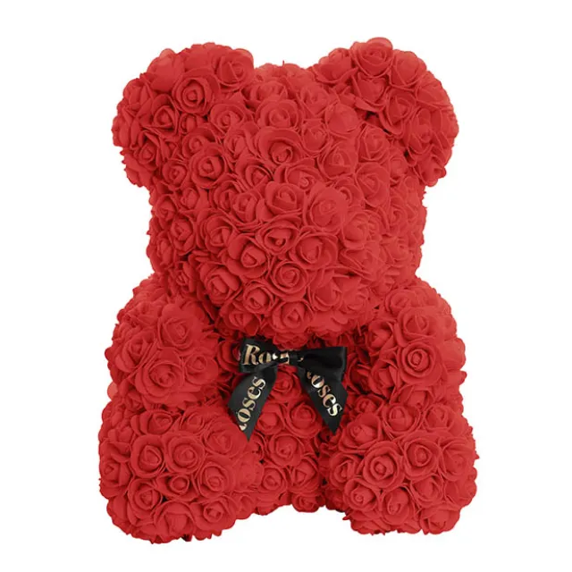 Amore Rose Bear Large w Black Bow Red (35cmH)