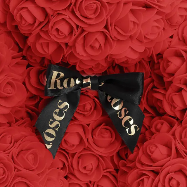 Amore Rose Bear Large w Black Bow Red (35cmH)