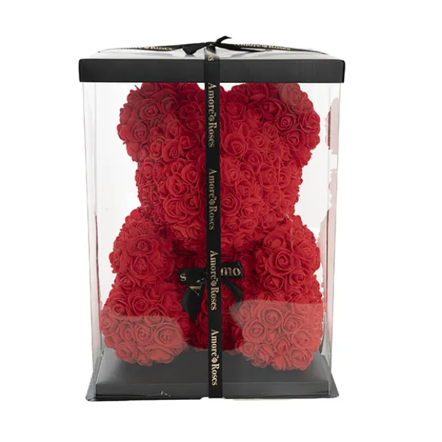 Amore Rose Bear Large w Black Bow Red (35cmH)