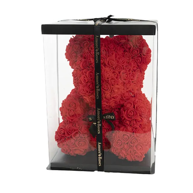 Amore Rose Bear Large w Black Bow Red (35cmH)