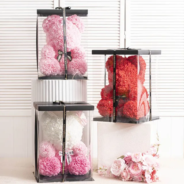 Amore Rose Bear Large w Black Bow Red (35cmH)