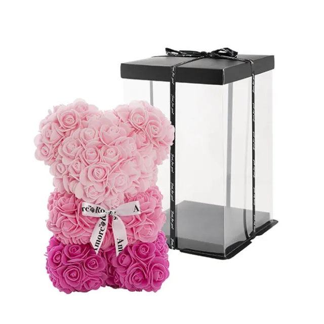 Amore Rose Bear w White Bow Gradation Ombre Pink (25cmH)