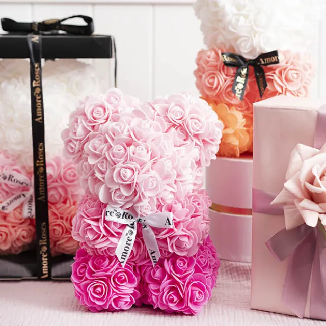 Amore Rose Bear w White Bow Gradation Ombre Pink (25cmH)