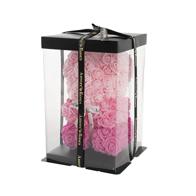 Amore Rose Bear w White Bow Gradation Ombre Pink (25cmH)