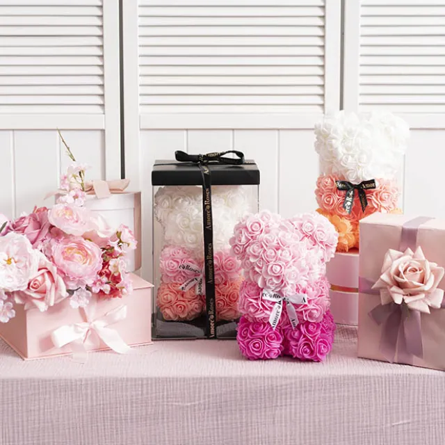 Amore Rose Bear w White Bow Gradation Ombre Pink (25cmH)