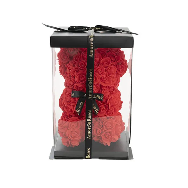 Amore Rose Bear w Black Bow Red (25cmH)