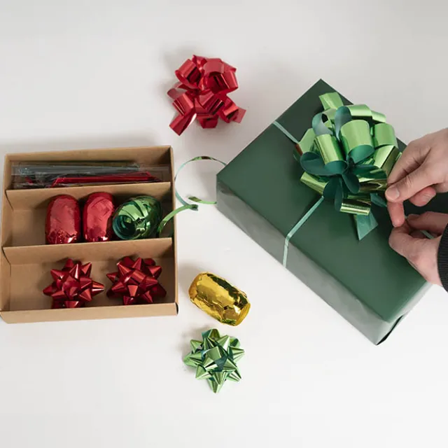Curling Ribbon & Bows Gift Wrap Finish Set Gold Red & Green