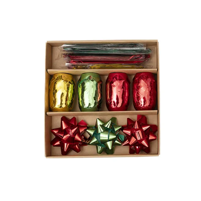 Curling Ribbon & Bows Gift Wrap Finish Set Gold Red & Green