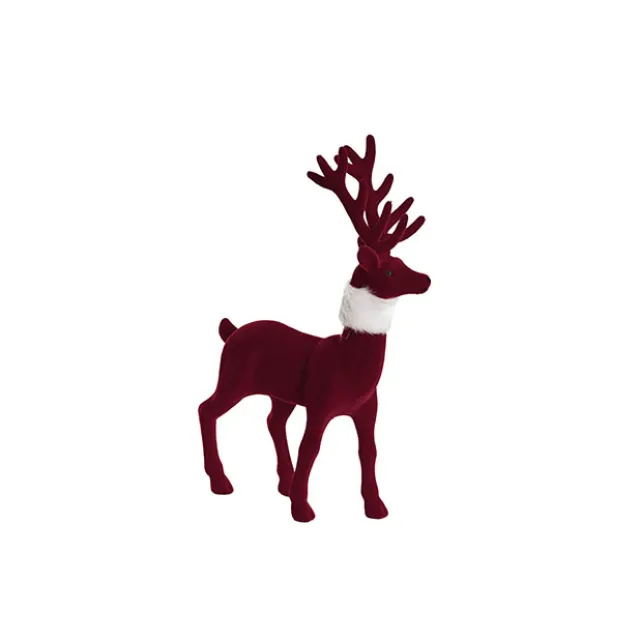 Standing Flocked Reindeer w Faux Fur Scarf Burgundy (37cmH)