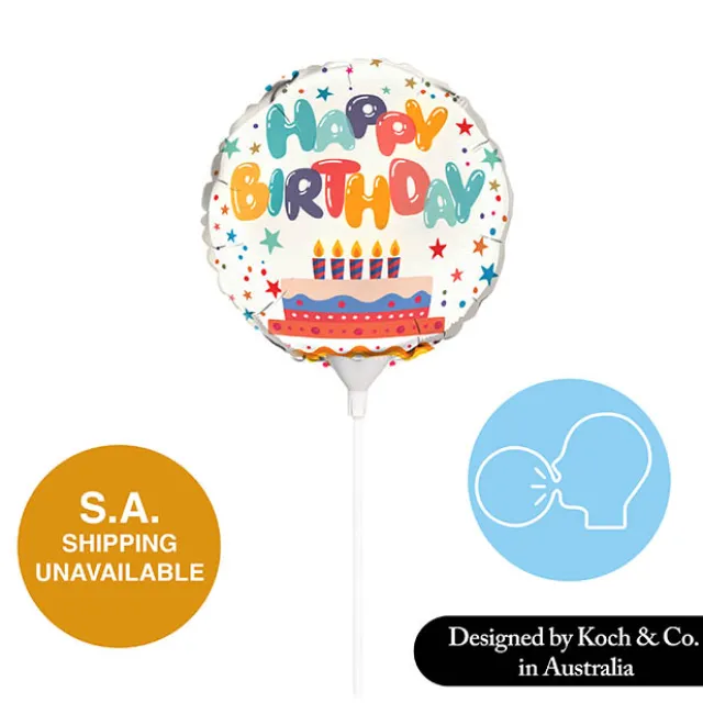 Foil Balloon 9" (22.5cmD) Air Fill Round Happy Birthday Cake