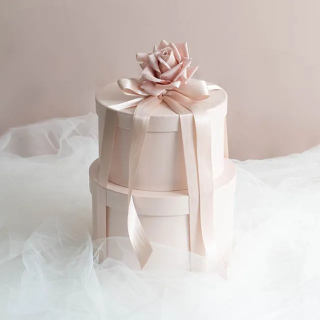 Gift Flower Box Ribbed Round Blush Pink Set 2 (24x14.5Hcm)