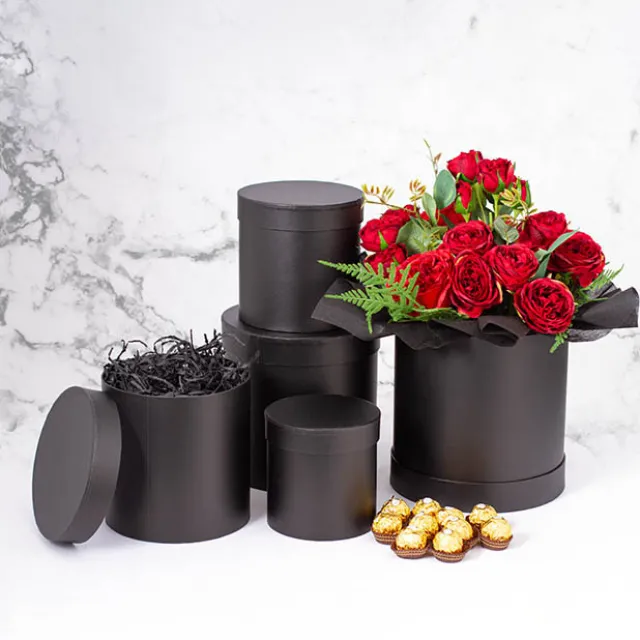 Gift Flower Box Round Black Set 5 (21x21cmH)