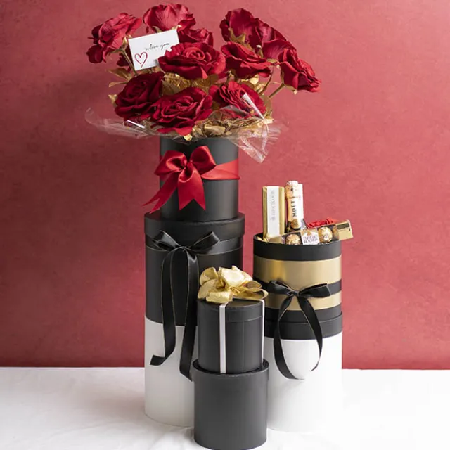 Gift Flower Box Round Black Set 5 (21x21cmH)