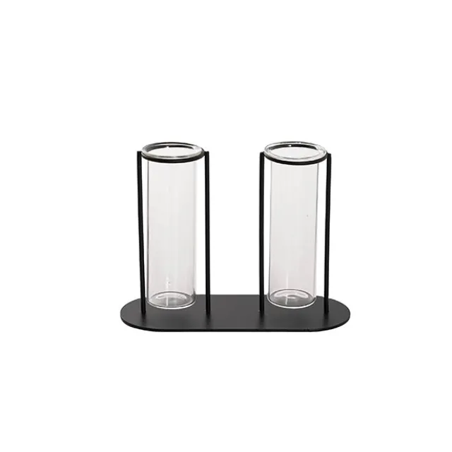 Glass Two Tube Vase Metal Frame Black Small (15.6Dx11cmH)