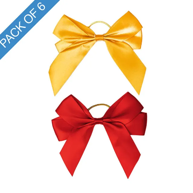 Pre-Made Bow Satin 25mm & Elastic Tie Pk6 Red Gold (10*11cm)